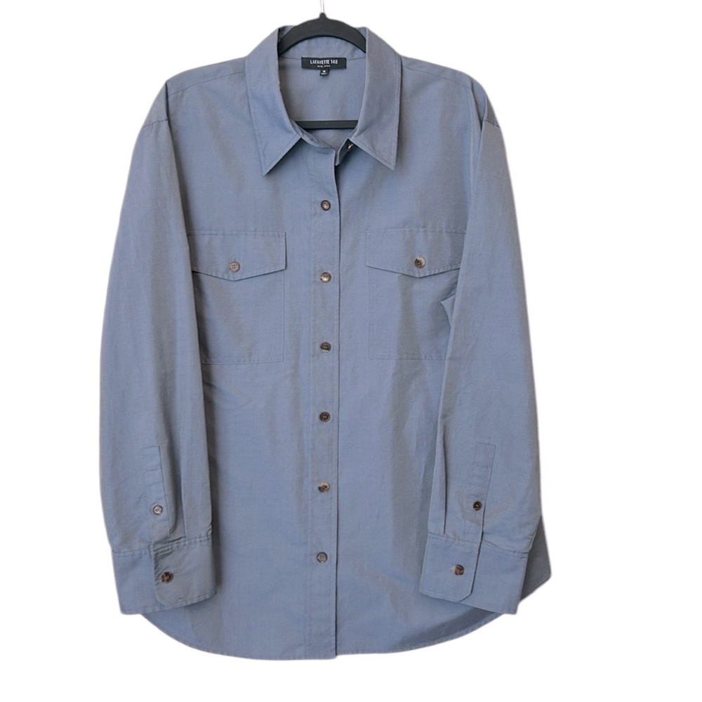 Lafayette 148 New York Iridescent Blue Silk Blend Button Down Shirt w/Pockets 18 - Picture 7 of 10